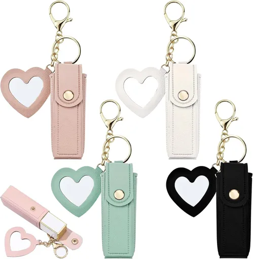 4 PACK PU Leather Potable Chapstick Holder Key Chain Bulk with Mirror, Lipstick Keychain, Lip Balm Organizer Holder Lipstick Travel Makeup Storage Case for Women Girls (Style 1)