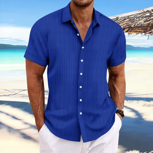 Men Cotton Linen Striped Casual Shirt Blue