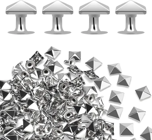 100 Sets 10mm Square Leather Rivets, Metal Pyramid Spike Studs Rivet for Leather Wrists Boots Clothing Pet Collars Belt Bags Punk Bracelets Key Fob DIY Repair and Decoration (Silver)