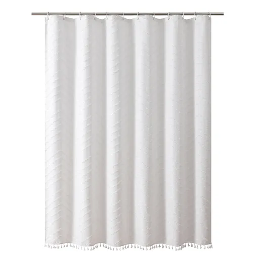 Shower Curtain White Tassel Woven Fabric Shower Curtain Modern Farmhouse Textured Tufted Chevron Striped Minimalist Bathroom Hotel