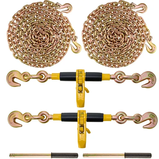 Ratchet Chain Binder 2PCS, 0.9-1.2 cm Heavy Duty Load Binders, with G80 Chains 5443 kg Secure Load Limit, Labor-saving Anti-skid Handle, Tie Down Hauling Chain Binders for Flatbed Truck Trailer