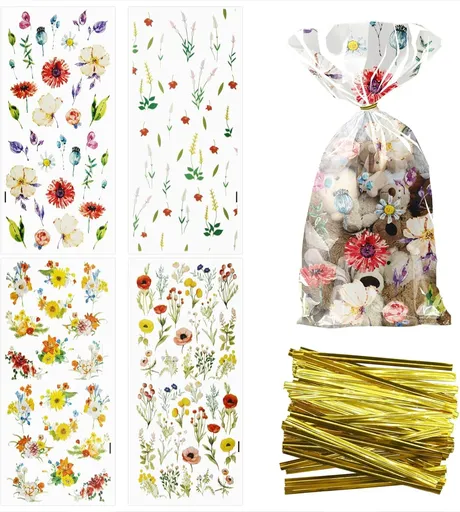 100Pcs Wildflower Party Cellophane Treat Bags Plastic Floral Candy Cookie Packing Clear Goody Gift Bags Favor Decorations 4 Design with 100 Ties for Birthday Baby Shower Tea Party Supplies