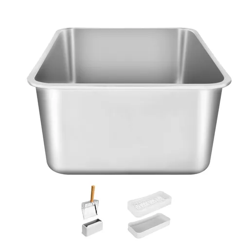 Cat Litter Box, 203 mm Deep, XL Extra Large Stainless Steel Cat Litter Box with Scoop, Wide Filtering Foot Board & High Sides, Enclosed Odor-Free Easy-to-Clean Litter Box, Fit for Big Cats