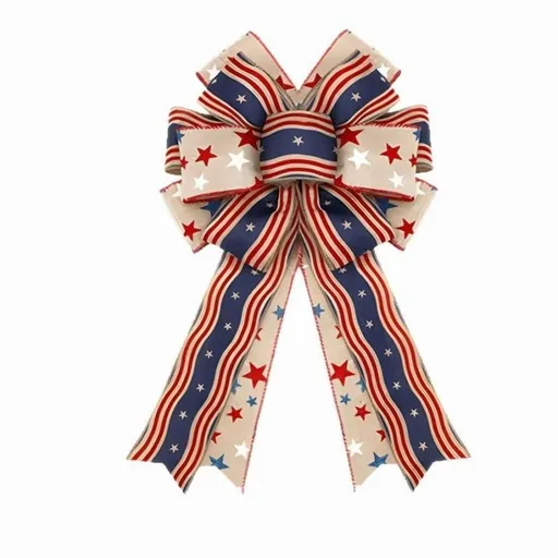 Large Patriotic Wreath Bow, 4th of July Decorations, Red White Blue American Flag Design, Stars Stripes Buffalo Plaid Wired Ribbon for Front Door