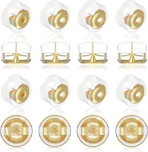 18K Gold Secure Earring Backs for Studs, 925 Silver Silicone Hypoallergenic Soft Clear Replacements, Rubber Earring Backs Pierced Locking for Adults Kids (Gold, 8 Pairs)