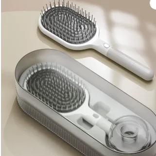 White Premium Self-Cleaning Hair Brush Set with Stand - Anti-Static Detangling & Scalp Massage Paddle Brush