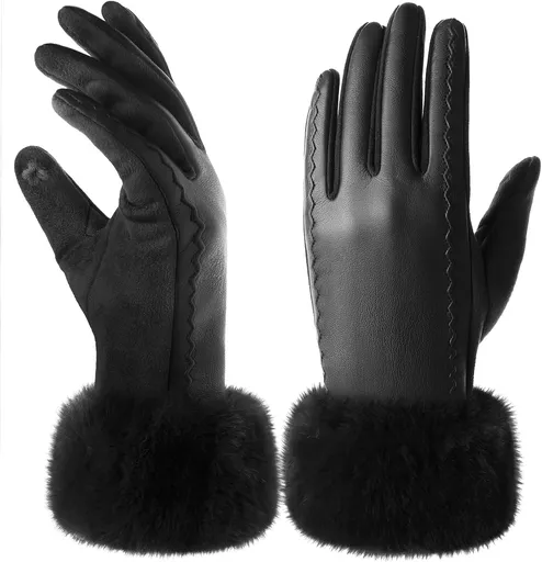 Leather Gloves for Women, Warm Winter Gloves Women with Plush Cuff, Touchscreen Womens Gloves for Cold Weather