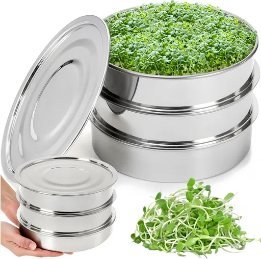 9" Stackable Stainless Steel Seed Sprouting Kit, 3-Tier Mesh Germination Tray, Sprout Grower with Lid Base, Microgreens Propagator for Beans Peas Broccoli Wheat Grass, Soil Free