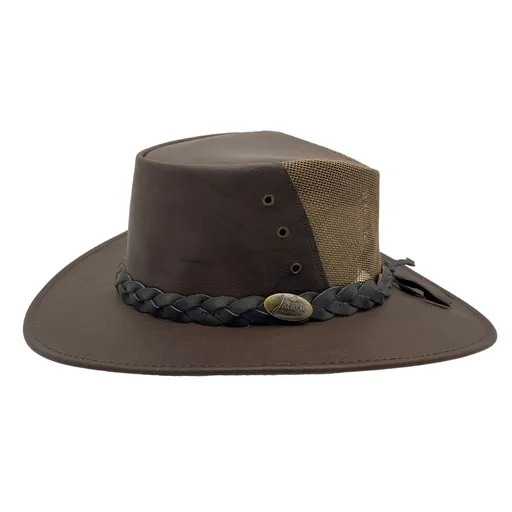 JACARU Full Grain Kangaroo Leather Breeze Cooler Hat Oil Skin Mesh Vent Outback - Brown