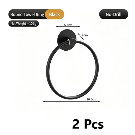 Round Towel Ring - No Drill (Black) 2 Pcs | Classic Towel Loop 2 Pack, Christmas Family Bath Essential Set for Kids & Adults