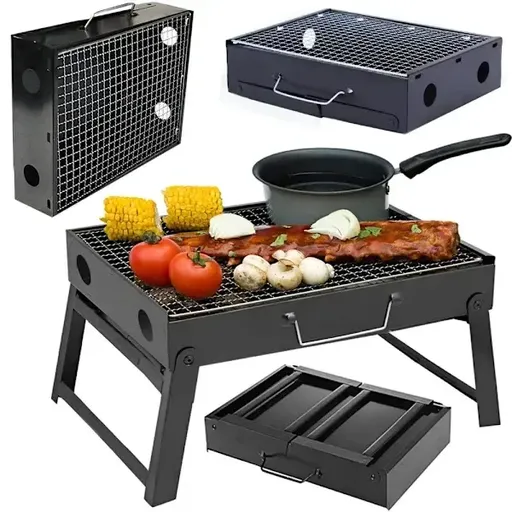 1 Piece Foldable Charcoal Grill with Carry Case, Heat-Resistant Portable BBQ for Camping, Hiking and Garden Use, Black, 35 cm