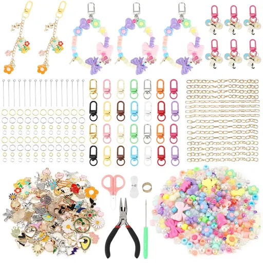 DIY Keychain Making Kit, Includes 300PCS Colorful Beads & 100pcs Charms, Bulk Cute Beaded Keychain Phone Bag Charm Complete Set for Beginners Jewelry Making Accessories Supplies