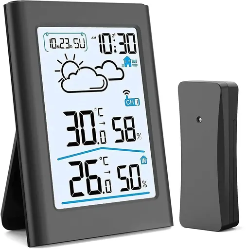 Wireless Indoor Outdoor Weather Station With Outdoor Sensor Thermometer Hygrometer Forecast Clock Alarm For Home School Patio Black, 100 m