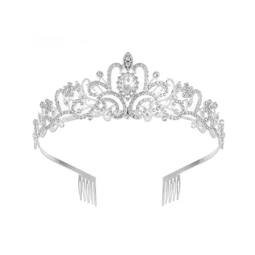 Princess Rhinestone Queen Hair Tiara Headband Hair Accessories Crystal Crown - Silver-White