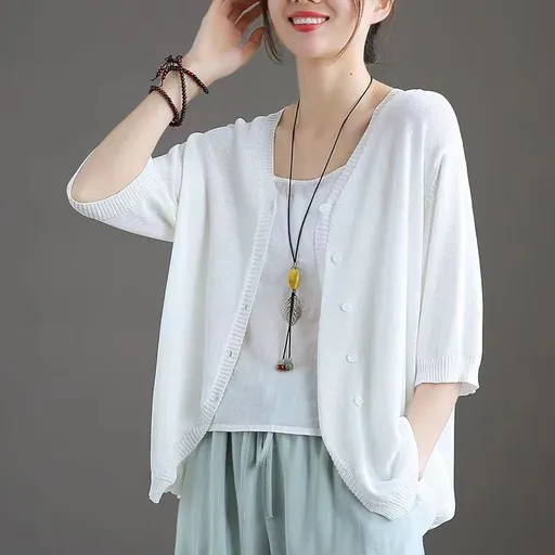 Ice Silk Women Cardigan Loose V Neck Half Sleeve White Size: S; Height (cm): 155-160; Weight (kg): 45-50; Bust (cm): 82-86; Waist (cm): 66-70; Shoulder width (cm): 37; Length (cm): 58