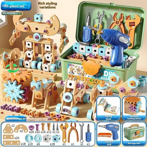 DIY assembly toy, wooden building set, electric drill toy for kids, educational construction toy, creative puzzle set, children's tool kit, Australian toy, hand-eye coordination toy - Multi - Size 190pcs