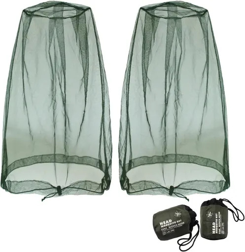 Mosquito Head Net Mesh, Face Neck Fly Netting Hood from Bugs Gnats Noseeums Screen Net for Any Outdoor Lover- with Carry Bags Fits Most Sizes of Hats Caps (2pcs, Olive, Updated Big Net)