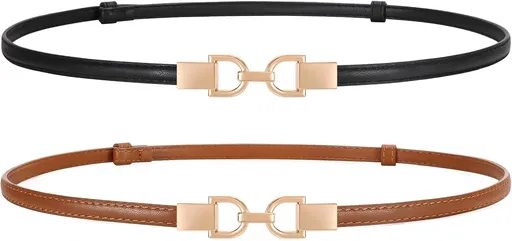 2 Pack Skinny Leather Belts for Women Thin Waist Belts with Adjtable Gold Buckle for Dresses, Coats and Jeans