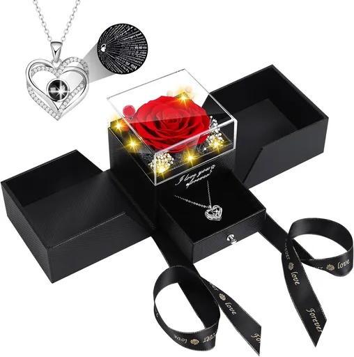 Preserved Red Real Rose Flowers in Box with I Love You in 100 Languages Necklace - Unique Gift for Women Mom Wife Girlfriend Mother's Day Valentine's Day, Birthday, Christmas