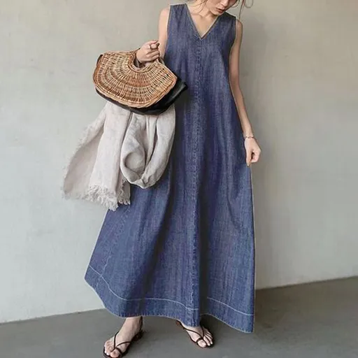 Tuoxin Denim Dress Women V Neck Washed Long Sleeveless Light Blue Size: S; Height (cm): 155-160; Weight (kg): 45-50; Bust (cm): 82-86; Waist (cm): 66-70; Shoulder width (cm): 37; Length (cm): 58
