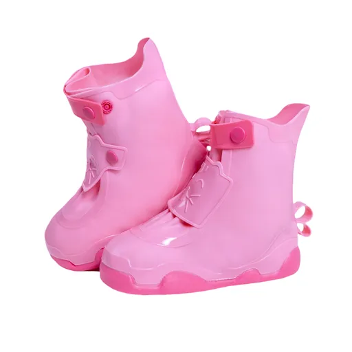 Pink Waterproof Rain Shoe Covers (XL)- High Top Reusable Overshoes with Adjustable Snap Straps, Thick Anti-Slip Sole and Foldable Design for Rainy Day Outdoor Use