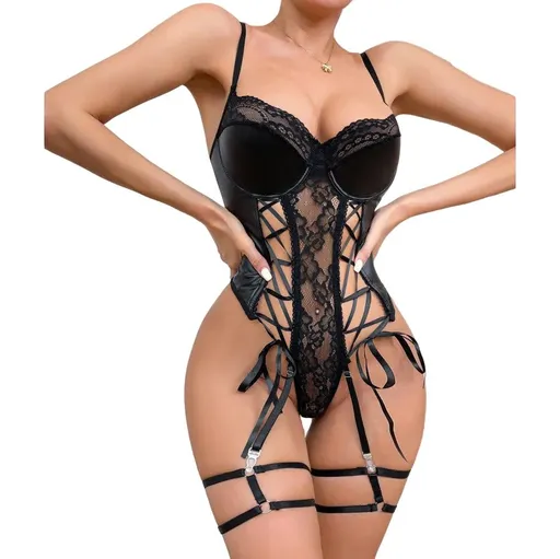 Lingerie Bodysuit With Pu Leather And Lace Trim Push-Up Bra Fitted Underwear For Nightclub - Black - M
