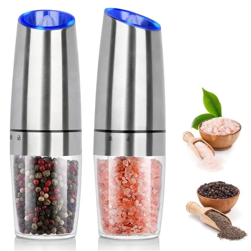 Salt and Pepper Grinder Electric Gravity Grinder, Refillable Automatic One-Hand Operated Mill Set with Adjustable 2 Pack