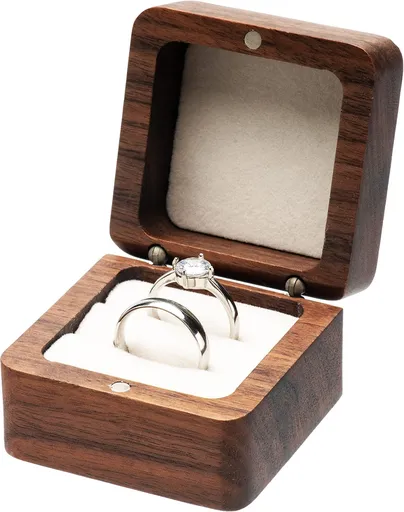 Square Solid Wood Double Ring Box Case for Wedding Ceremony Engagement Proposal,Wooden Ring Holder for 2 Rings (Beige Inner)