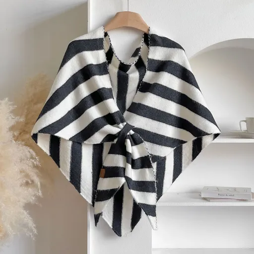 Black Striped Women's Triangle Shawl Cape - Soft Knit Faux Cashmere Poncho Wrap, Lightweight Warm Pullover for Office Travel & Daily Wear