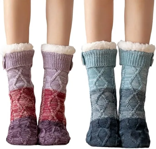Two pairs of knitted fleece socks for women - warm, comfortable, soft and fluffy sleep socks for winter
