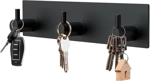 Magnetic Key Holder Wall Mount, Metal Adhesive Key Hanger with 3 Hooks, No Drilling, 2 Mount Options, Black, Small