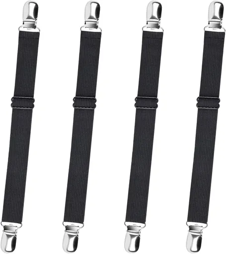 4-Pack Adjustable Bed Sheet Straps with Clips, Elastic Sheet Fasteners for Fitted Sheets, Sofa Covers, Tablecloths, Anti-Slip Grippers for Crib to King Size Beds (Black)