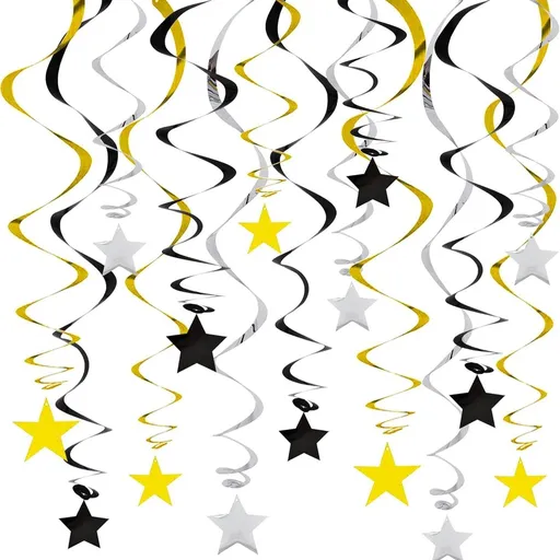 30-Piece Set for Golden and Silvery and Black Star Spiral Hanging Decorations - Birthday, Wedding, Graduation, and Party Ceiling Decoration - Festive Swirl Streamers, Easy Hang Party Supplies