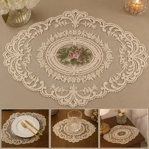 Vintage Mesh Embroidered Mats Oval 29x38cm Apricot 2 Pack
