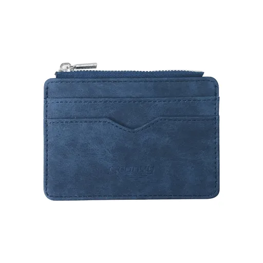 2 Pcs Blue Men's Slim Frosted PU Leather Card Holder Wallet with Zip Coin Pocket Multi-Card ID Case