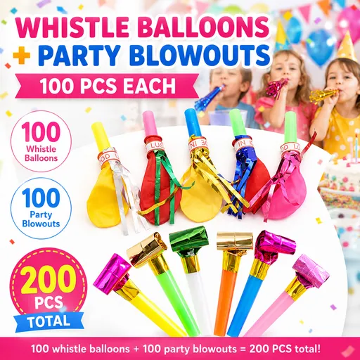 200 Piece Party Whistle and Blowout Set - 100 Whistle Balloons and 100 Party Blowers, Colourful Party Favors for Birthday Parties, Celebrations, Games and Loot Bags