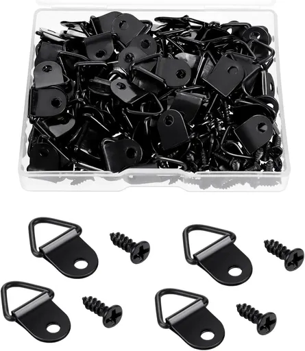 100 Pack Steel Picture Hangers with 100 Screws, Triangle D Ring Hanging Hardware for Frames, Mirrors, Clocks and Wall Art, Black