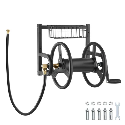 Wall Mounted Garden Hose Reel 125ft 5/8 in Metal Hose Reel with Basket