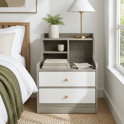 HYGGO Bedside Table Drawer Nightstand Light Gray Wood Grain White Fronts Curved Design