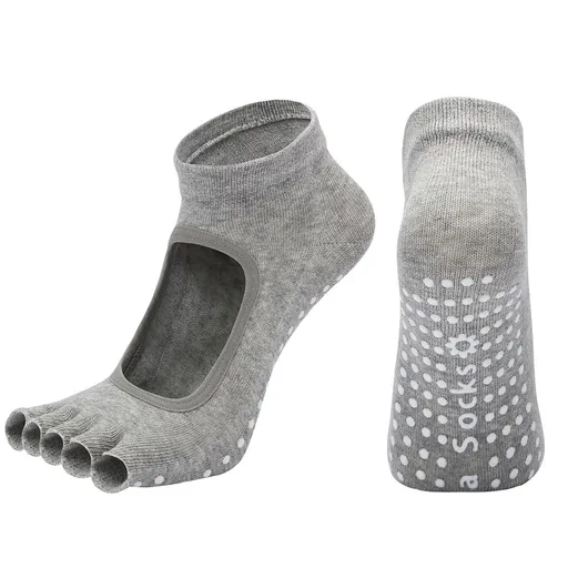 Women's Non Slip Yoga Socks Open Toe Five Finger Grip Socks Combed Cotton Pilates Dance Fitness Socks - Gray