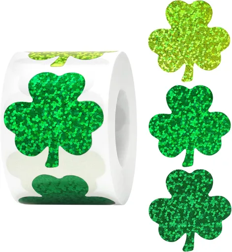 St.Patrick's Day Shamrock Stickers - 500Pcs 1.5'' Laser Shamrock Shape Stickers Roll Self Adhesive Holographic Green Irish Lucky Clover Sticker for Envelope Seal Card St.Patrick's Day (3 Color)