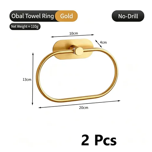 Oval Towel Ring - No Drill (Gold) 2 Pcs | Premium Gold Towel Hanger 2 Pack, Luxury Christmas Bathroom Set for Couple