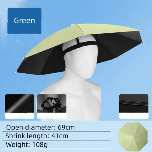 Green Foldable Sun & Rain Umbrella Hat (Diameter 69CM) - 99% UV Potective and Wind/Rainproof Fishing Umbrella with Elastic Headband