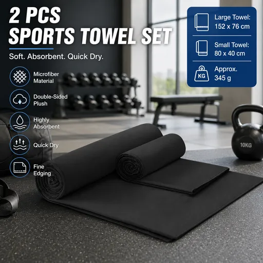 2 Piece Black Microfiber Sports Towel Set - 152*76cm and 80*40cm Quick Dry Gym Towels, Ultra Absorbent Sweat Towel for Fitness Running Swimming, Lightweight Travel Friendly