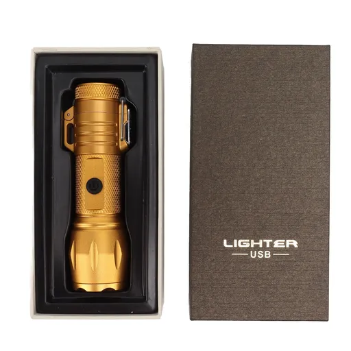 Electric Lighter Waterproof Windproof Aluminum Alloy Portable Lighter with Flashlight 3.7v Gold