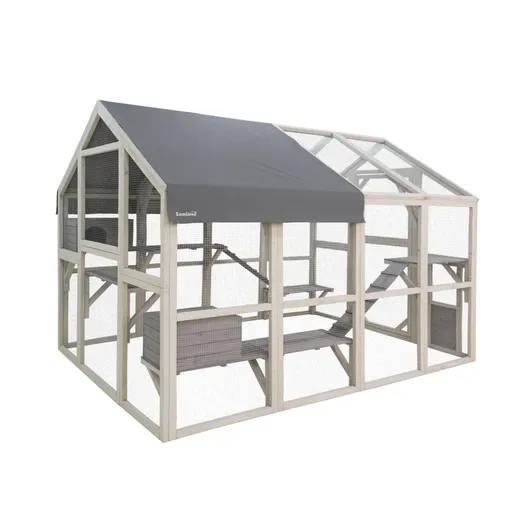 Samland Large Wooden Outdoor Cat House Catio with Platforms, Ramps, Cozy Houses and Weatherproof Roof