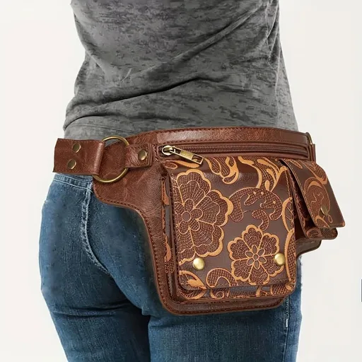 Printed Handmade Multi-functional Waist Bag: Adjustable for Chest Bag Use, Retro Print Multi-buckle Design, Practical for Stylish Pairing.reddish brown