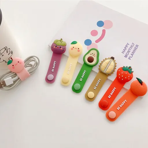 5Pcs Cartoon Fruit PVC Wire Organizer – Cable Clip Holder for Earphones, Cute Desk Accessory Tidy Up Charging Cables, Fun Office Gift Random Colors
