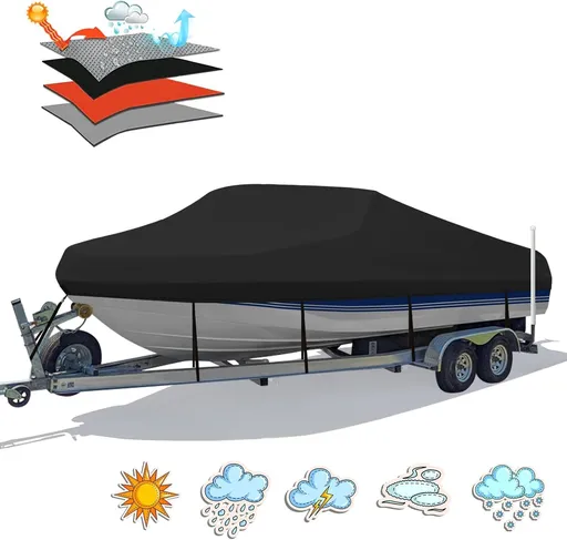 Trailerable Boat Cover – 600DHeavy Duty Waterproof Tarp with Storage Bag, Designed for V-Hull, Fish & Ski, Runabout, Bass & Fishing Boats,16-18FTSilver