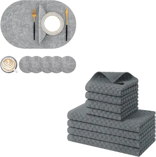 Homaxy Round Faux Leather Placemats and Coasters, Washable Dual-Side Table Mats and 100% Cotton Kitchen Towels and Dishcloths Set(12 x 12 & 15 x 25 Inches, Set of 8 Bulk)